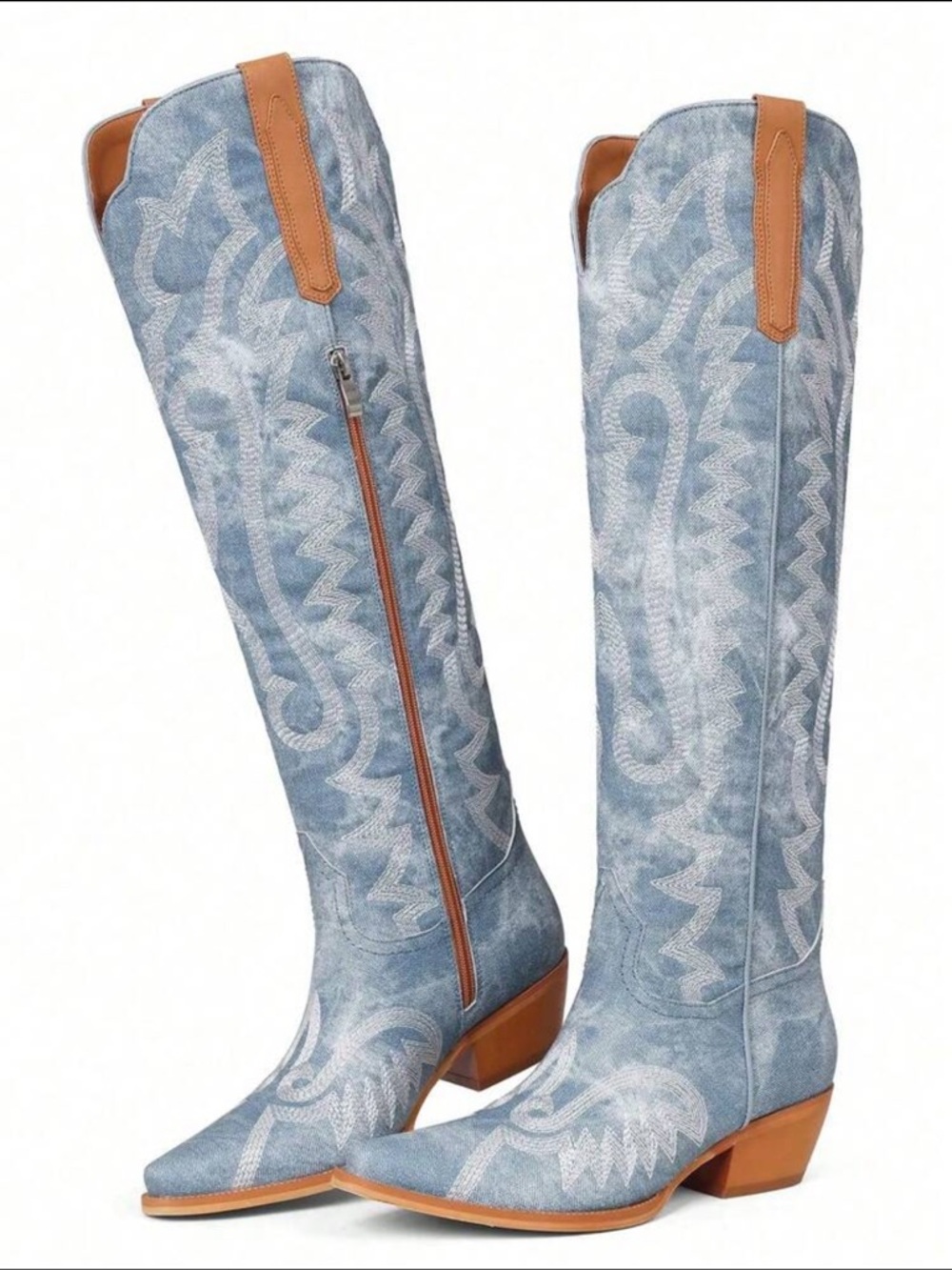 Denim Embroidered Knee-High Western Boots
